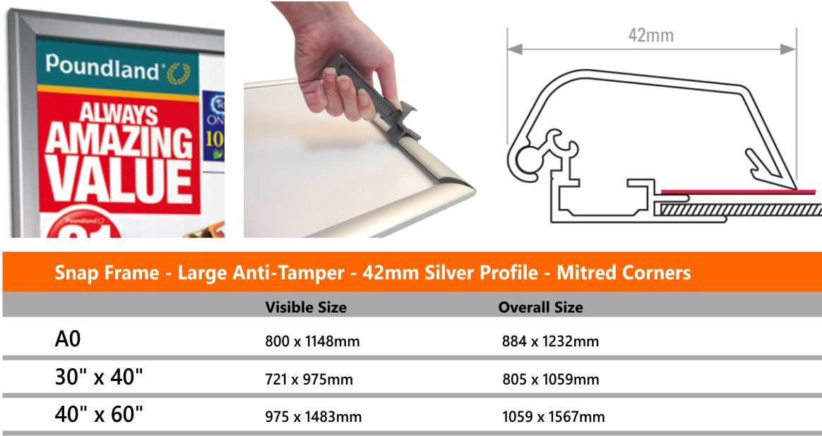 Large anti-tamper snap frame 42mm silver profile